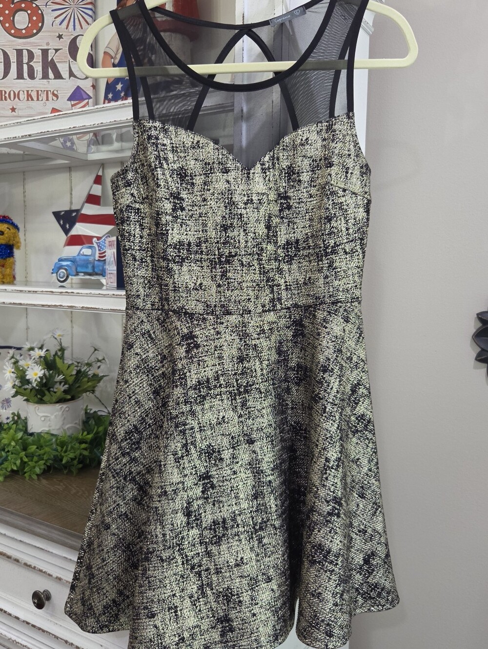 Soprano Black and Cream Textured Fit-and-Flare Mini Dress with Sheer Yoke